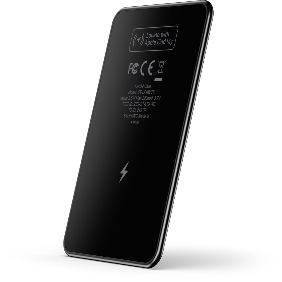 Czarna, prostokątna karta FindAll z logo Apple Find My. Widoczne oznaczenia FCC i CE z danymi produktu.