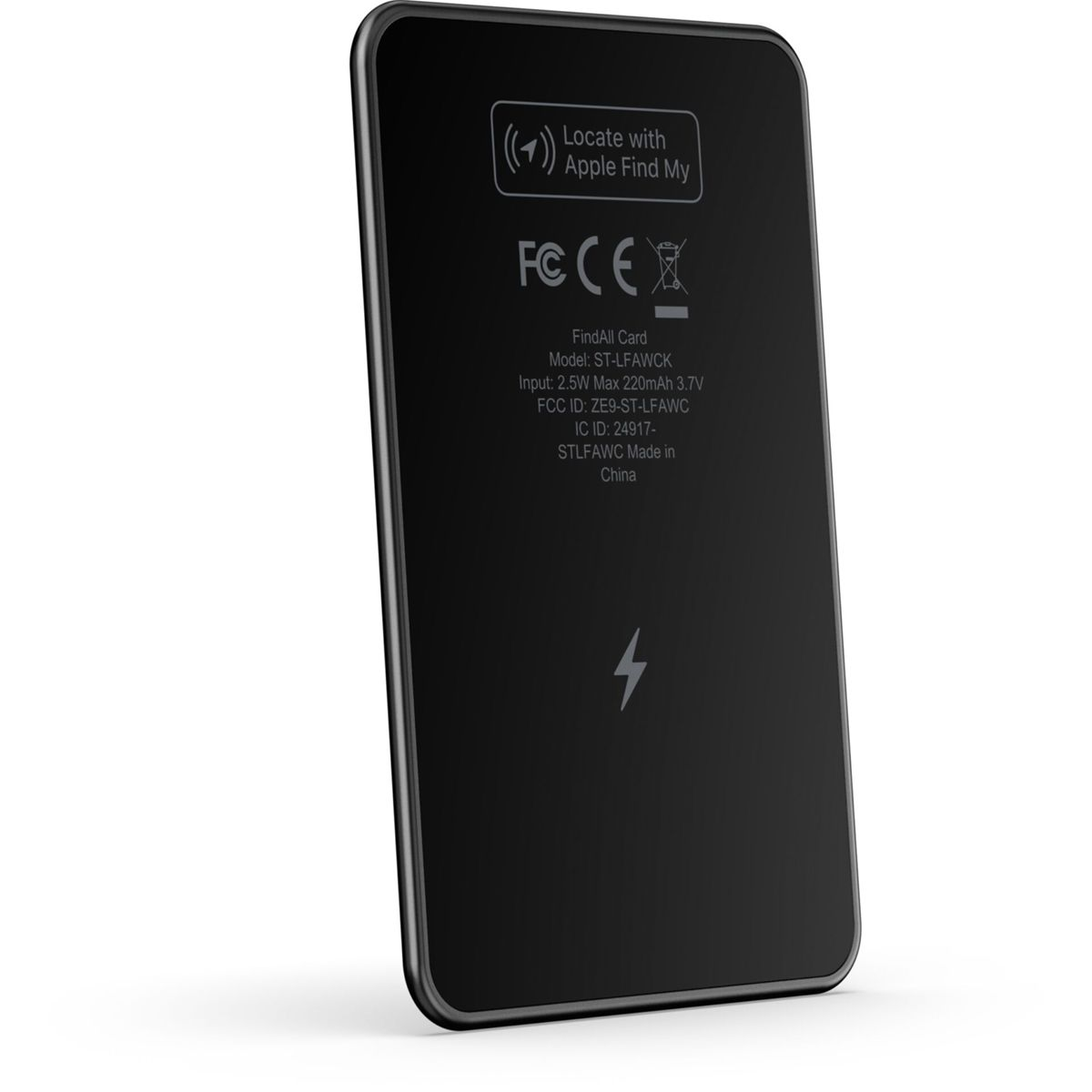 Czarna karta FindAll z symbolem błyskawicy. Zawiera tekst wskazujący na kompatybilność z Apple Find My i certyfikację FCC.