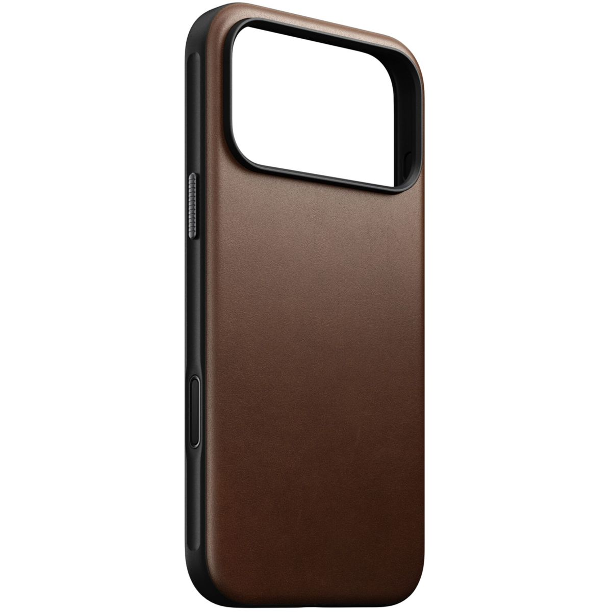 Una custodia per telefono marrone con cornice nera. Ha un ritaglio per la fotocamera e un pulsante laterale. Lo sfondo è bianco.