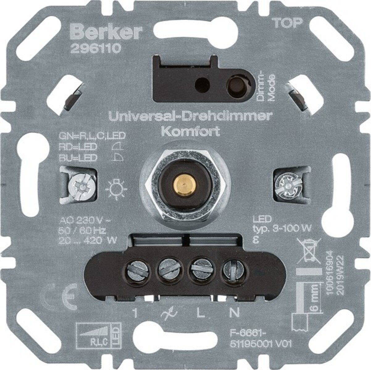 Un dimmer grigio con testo e simboli. Ha una manopola centrale, terminali e il marchio 'Berker'.