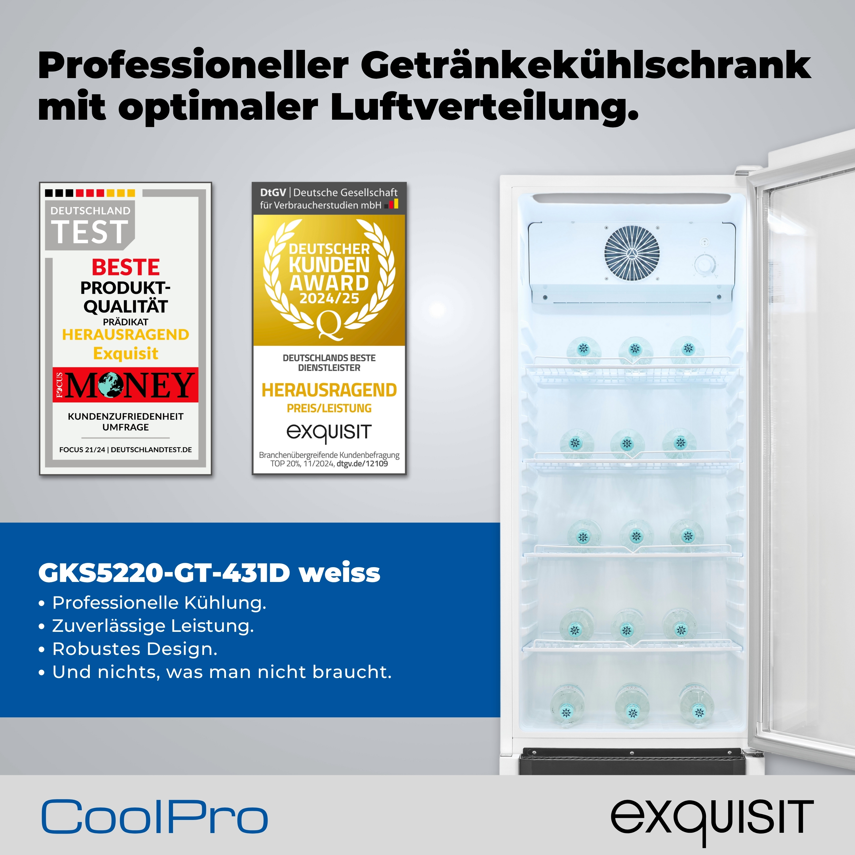 Ein weißer Kühlschrank mit Auszeichnungen und Flaschen im Inneren wird gezeigt. Text sagt professioneller Getränkekühler.