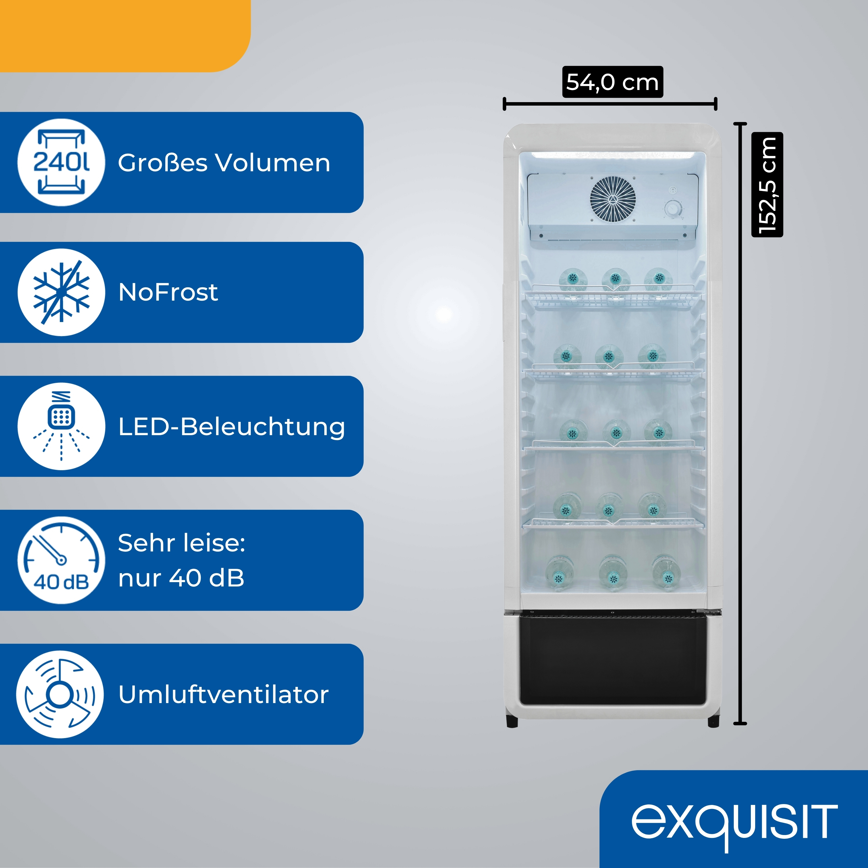 Weißer Kühlschrank mit Wasserflaschen. Blaue Etiketten zeigen Funktionen. Abmessungen sind angegeben.