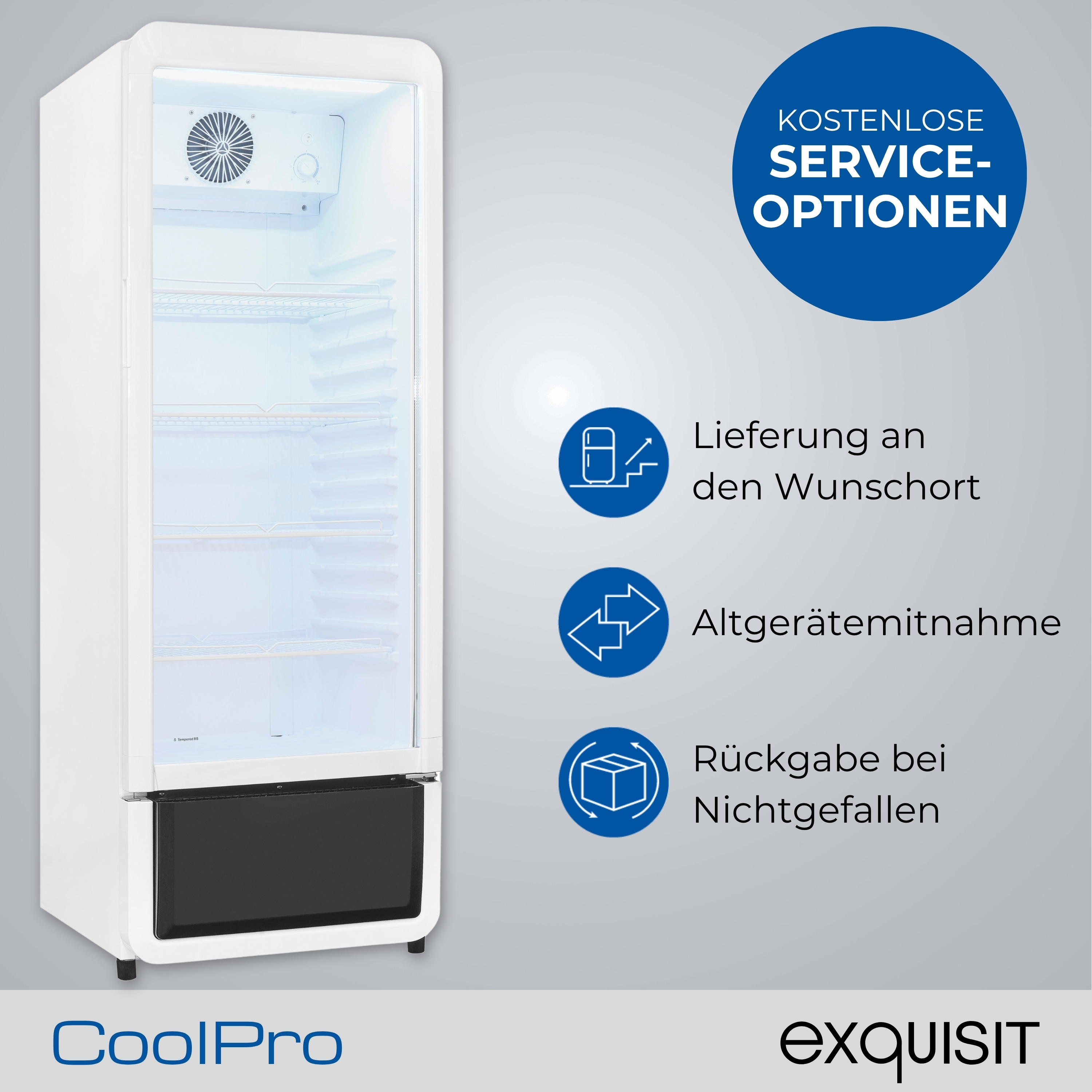 Ein weißer CoolPro-Kühlschrank mit schwarzem Sockel. Blaue Kreise zeigen Serviceoptionen. Exquisit-Logo unten.