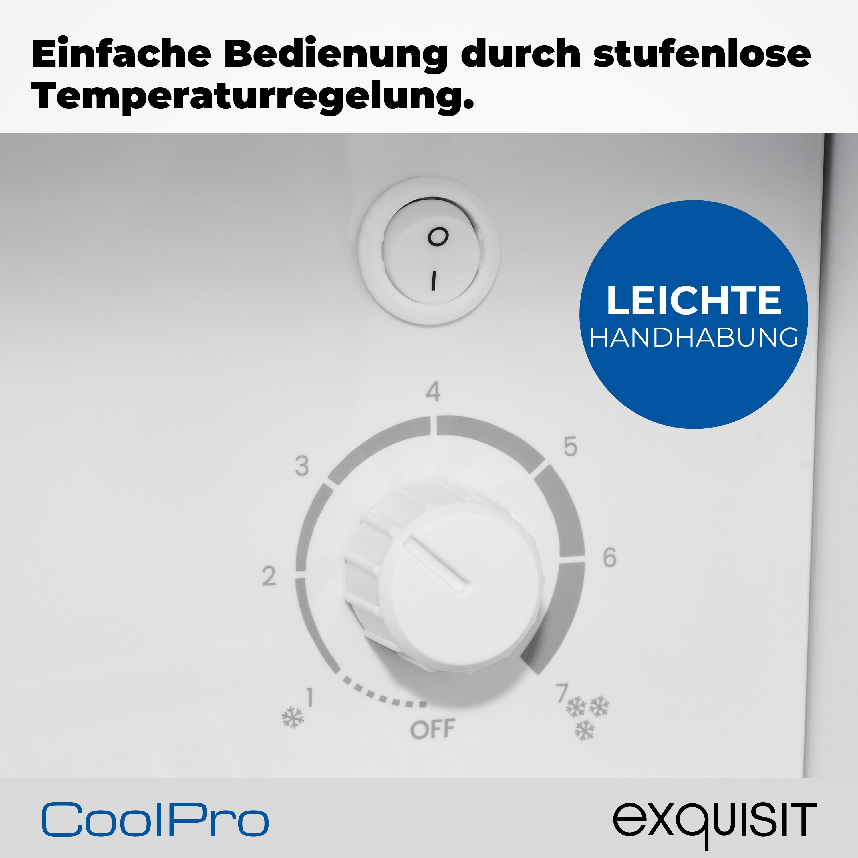 Nahaufnahme eines weißen Gerätebedienfelds mit Temperaturregler, Schalter und blauem Kreis mit weißem Text.