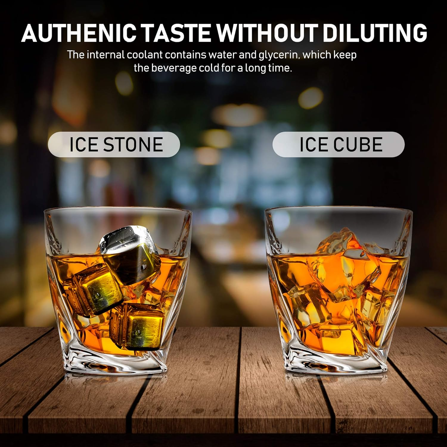 Zwei Gläser mit Whiskey. Eines hat Eiswürfel, das andere Eiswürfel. Der Text oben lautet 'AUTHENTISCHER GESCHMACK OHNE VERDÜNNUNG'.