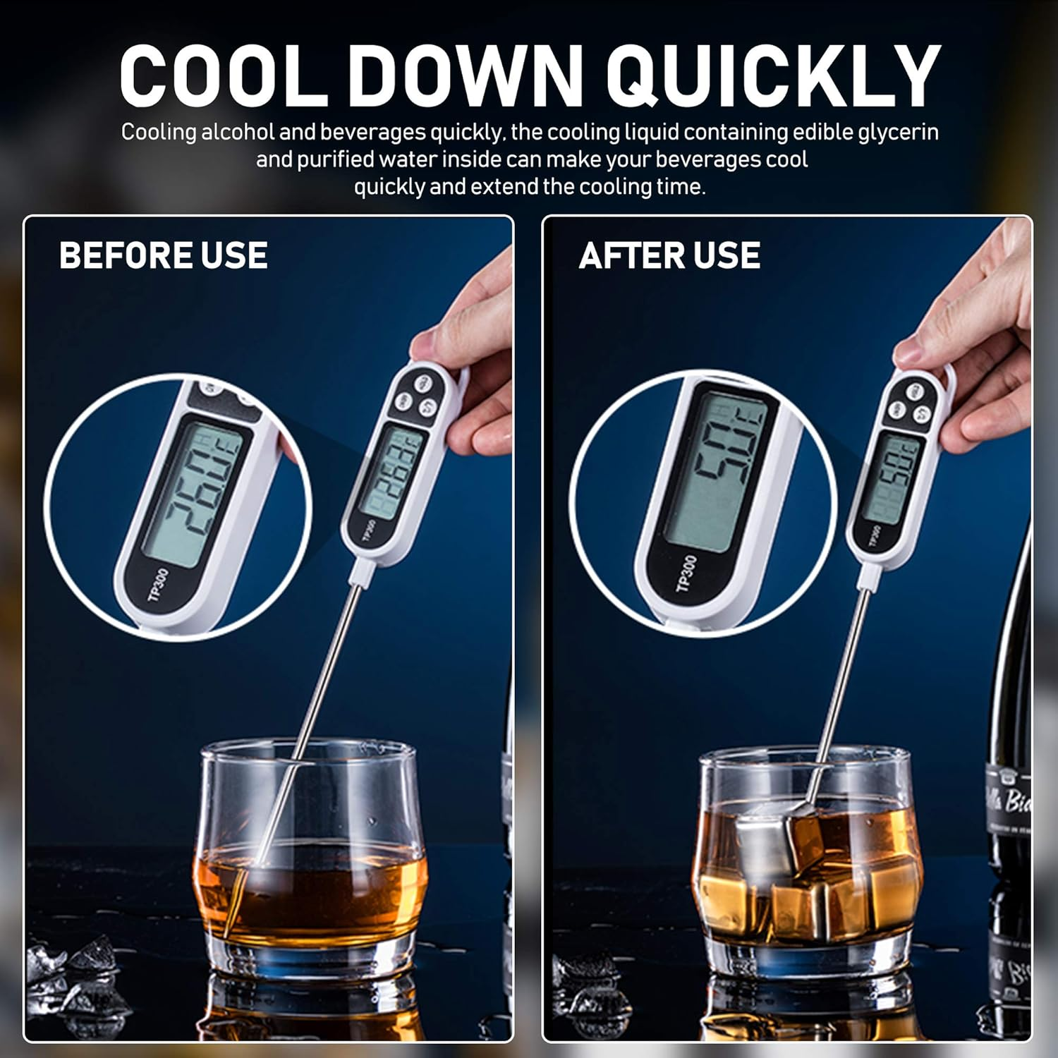 Das Bild zeigt Vorher- und Nachher-Anwendung eines Getränkekühlers. Ein Thermometer zeigt Temperaturänderungen in einem Glas bernsteinfarbener Flüssigkeit.