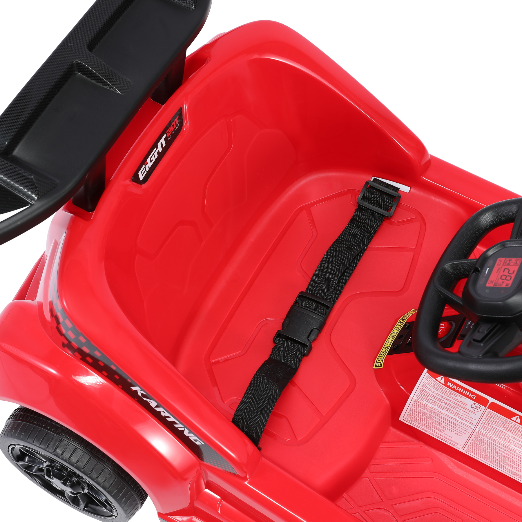 Roter Go-Kart mit schwarzem Sicherheitsgurt, Lenkrad und Akzenten. Merkmale sind ein digitales Display und ein Warnhinweis.