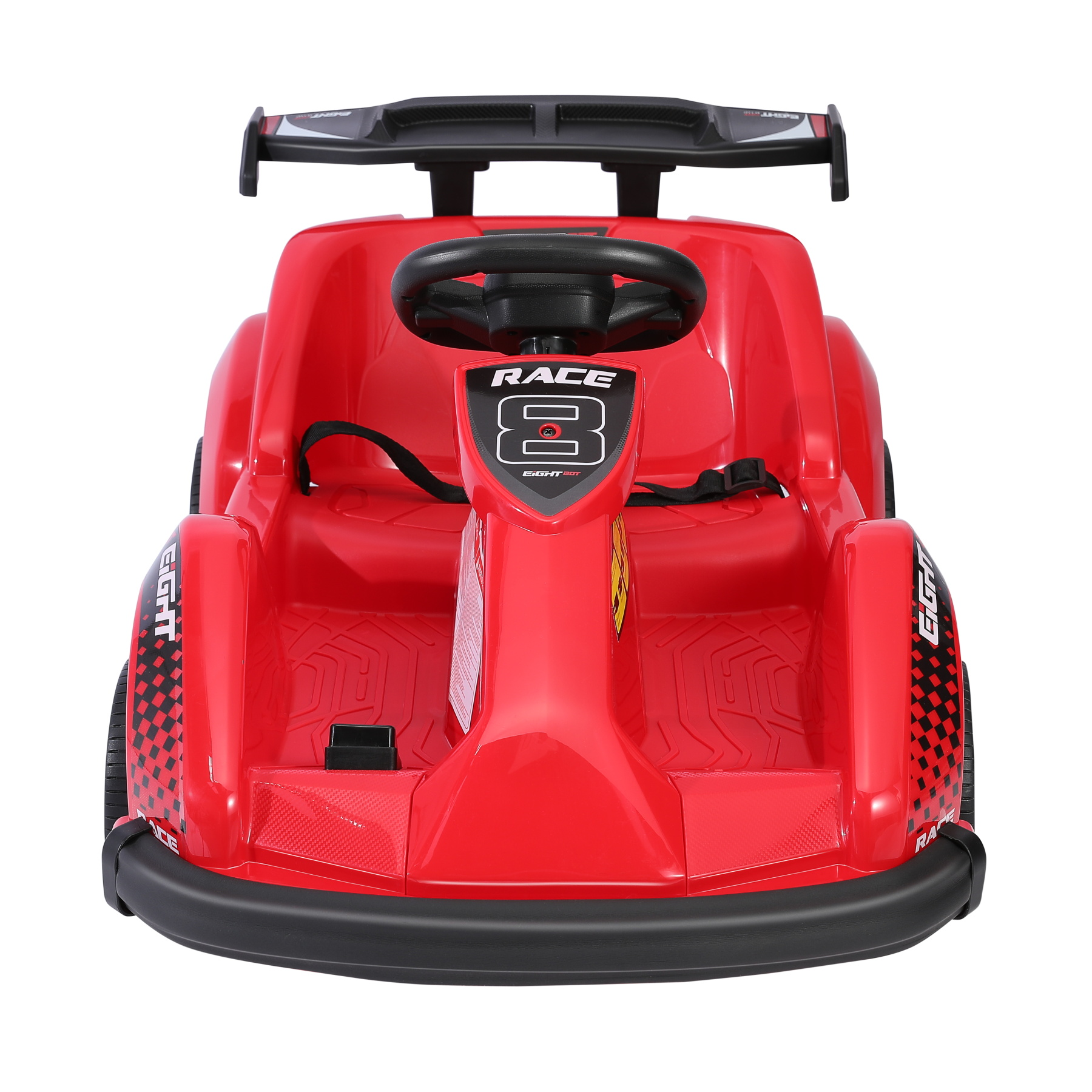 Ein rotes Spielzeug-Rennauto mit schwarzem Spoiler, Lenkrad und Details. Es hat das Wort 'RACE' und die Zahl '8'.