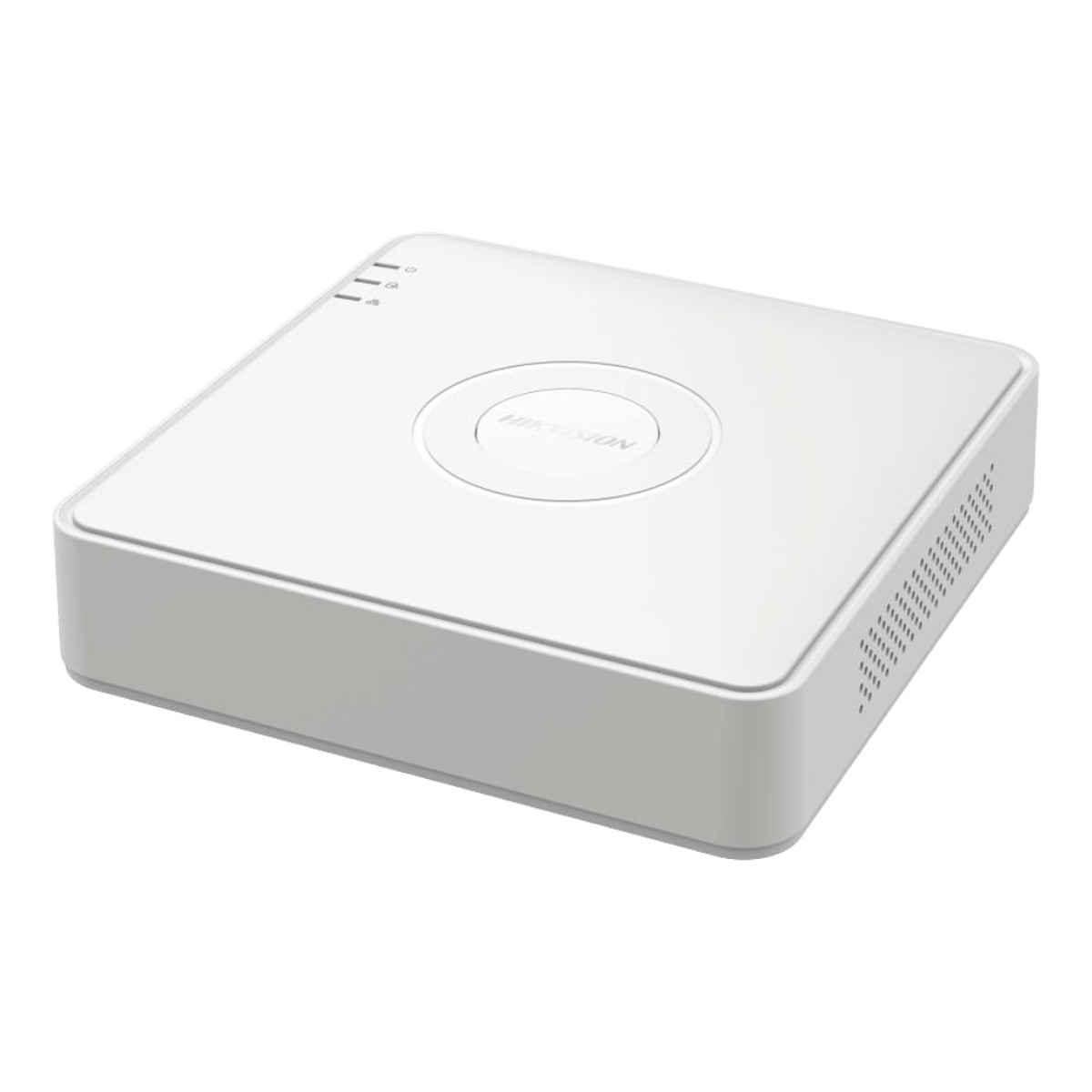 Un dispositivo DVR Hikvision bianco. Ha tre spie, un logo circolare sulla parte superiore e una presa d'aria laterale. Il dispositivo è su sfondo bianco.