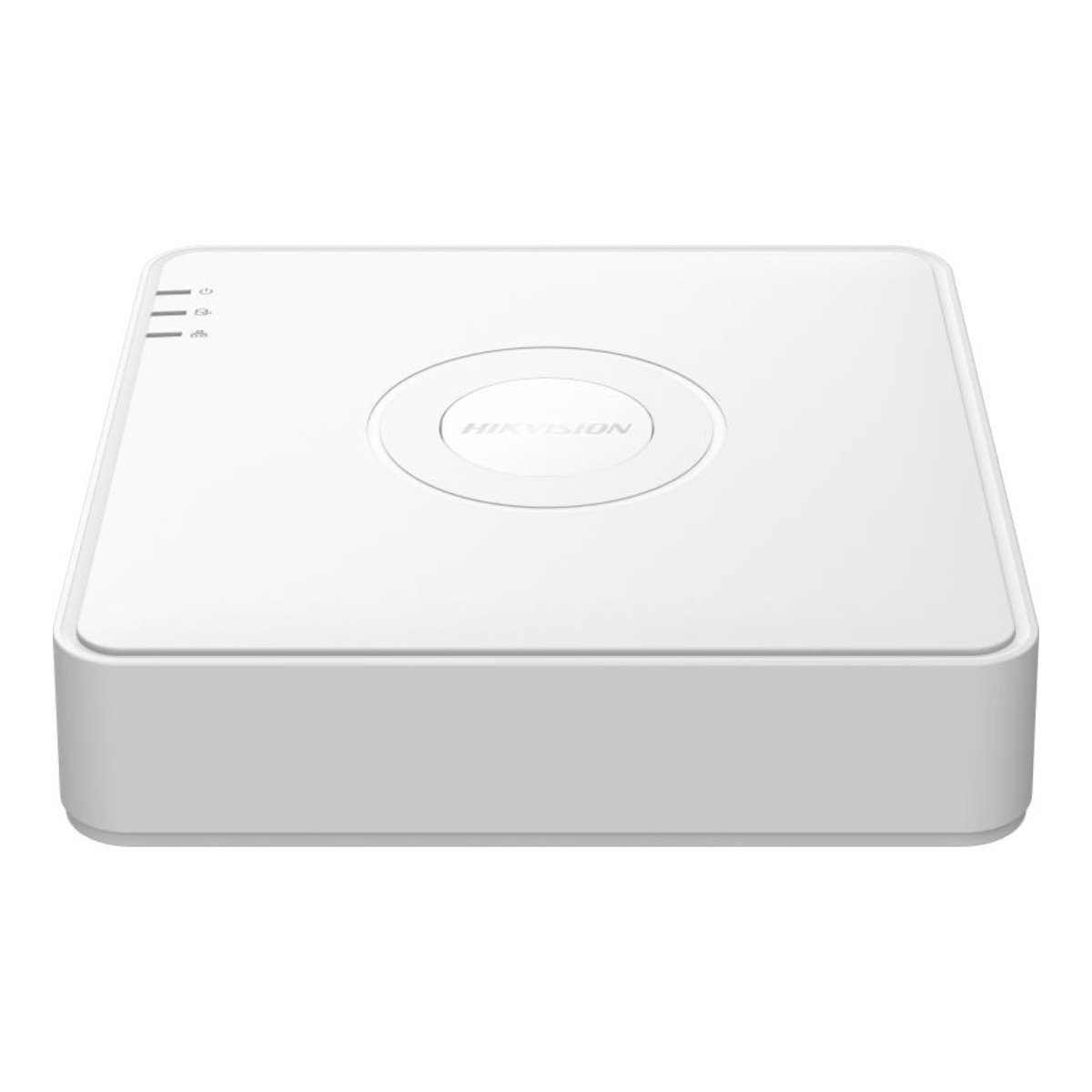 Un dispositivo DVR Hikvision bianco. Presenta un pulsante di accensione, spie e un design circolare con il nome del marchio.