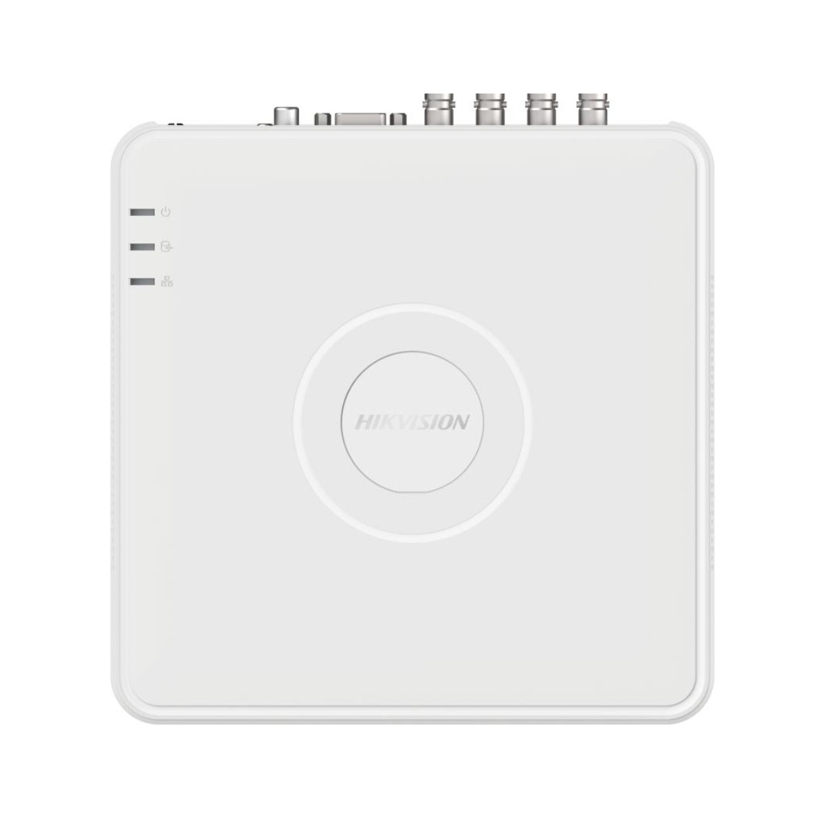 Un DVR Hikvision bianco. Ha spie di alimentazione, stato e rete a sinistra. Sono visibili le porte e il marchio.