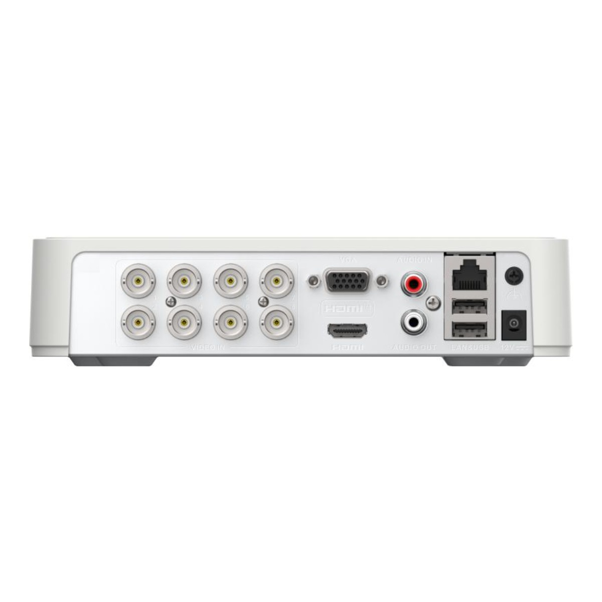 Dispositivo elettronico bianco con varie porte: ingresso video, VGA, HDMI, ingresso/uscita audio, LAN, USB e ingresso alimentazione.