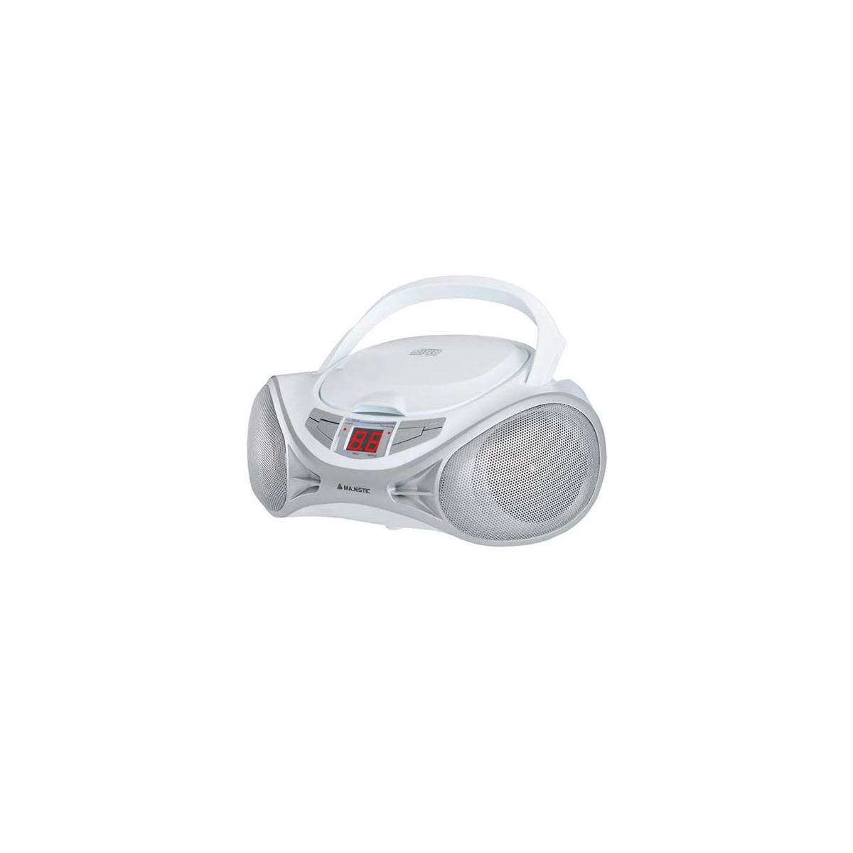Un lettore CD portatile bianco e grigio con altoparlanti su ciascun lato. Ha una maniglia e un display digitale rosso.
