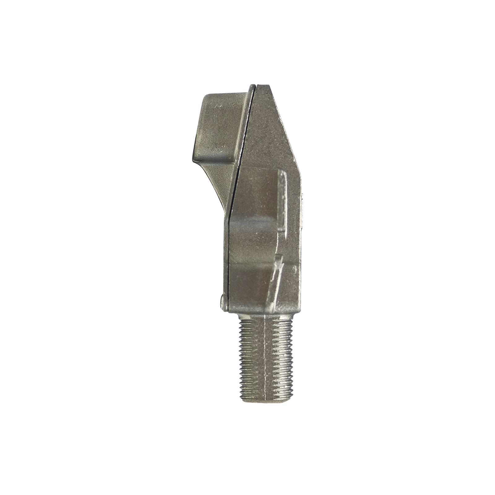 Un connettore metallico angolato su sfondo bianco. Ha una base filettata e un corpo rettangolare.
