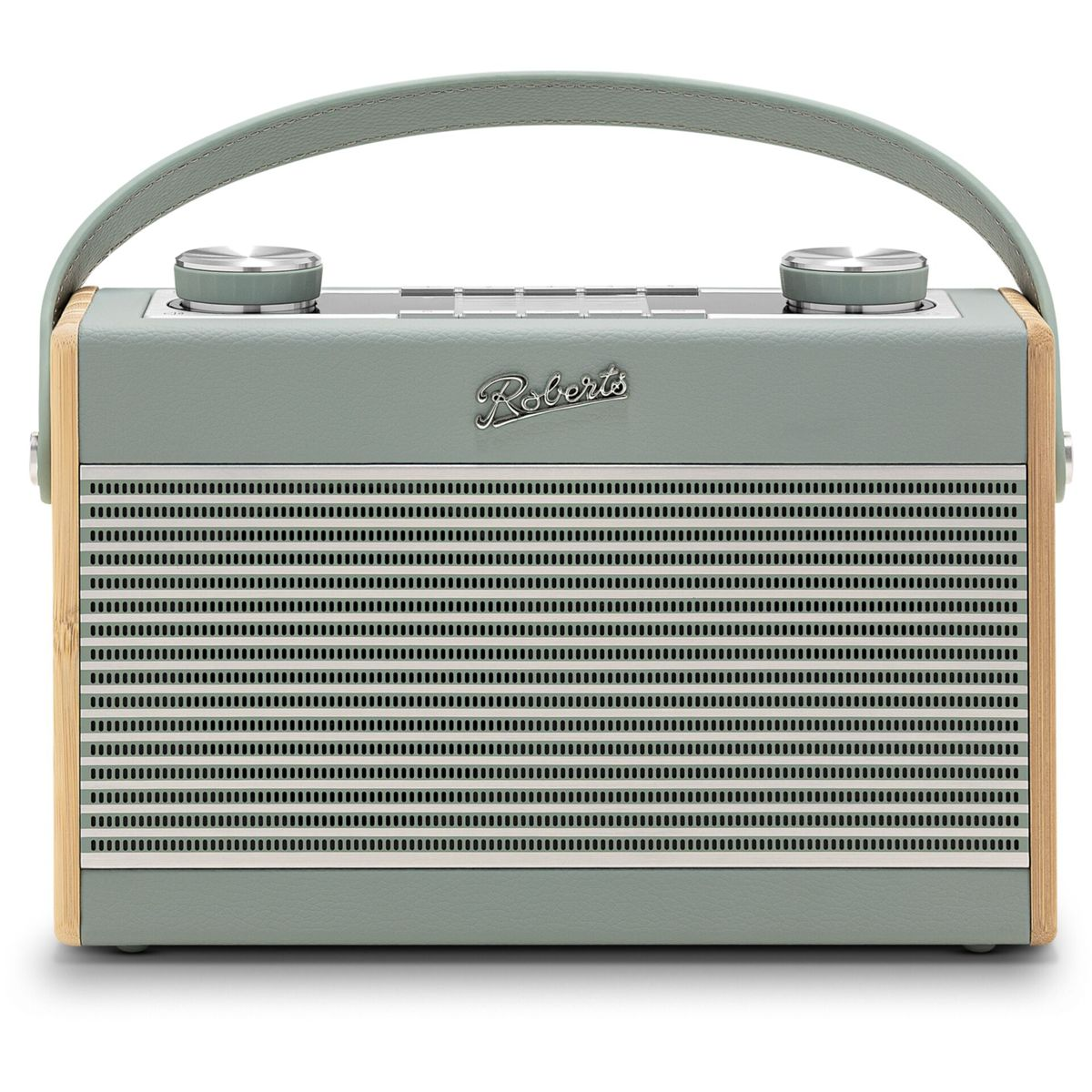 Ein mintgrünes Roberts-Radio mit Griff. Es hat Holzseiten und einen silbernen Lautsprechergrill. Zwei Knöpfe oben.