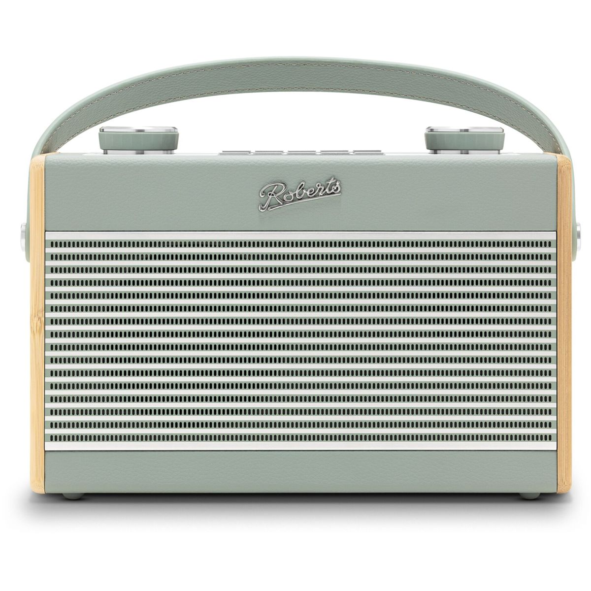 Ein mintgrünes Roberts-Radio mit Griff. Es hat einen Lautsprechergrill, Holzseiten und ein silbernes Roberts-Logo.