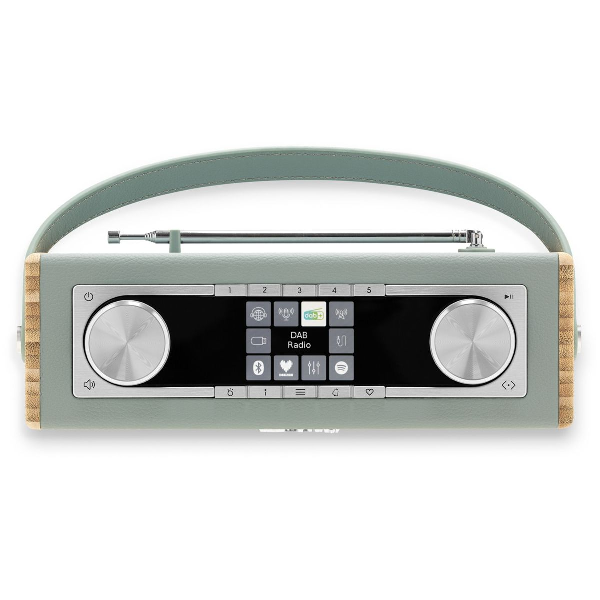 Ein mintgrünes Radio mit Griff. Es hat ein digitales Display und zwei große Knöpfe. Das Radio steht auf weißem Hintergrund.