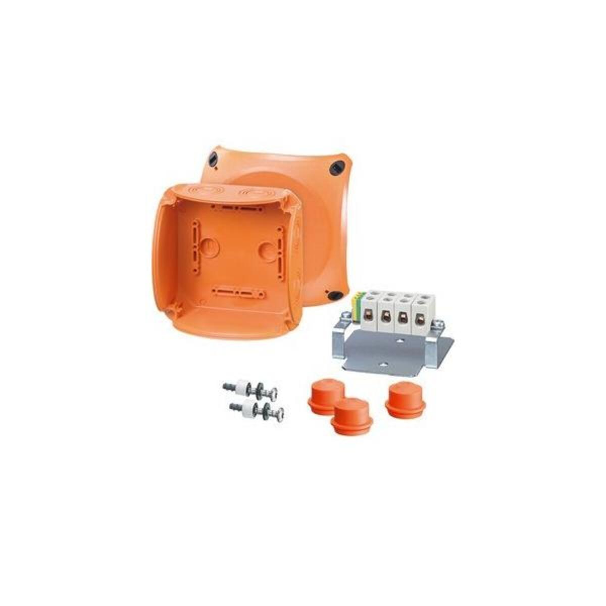 Orange elektrische Anschlussdosen-Komponenten. Enthält Boxhälften, Klemmen, Schrauben und orangefarbene Kappen, angeordnet auf weißem Hintergrund.