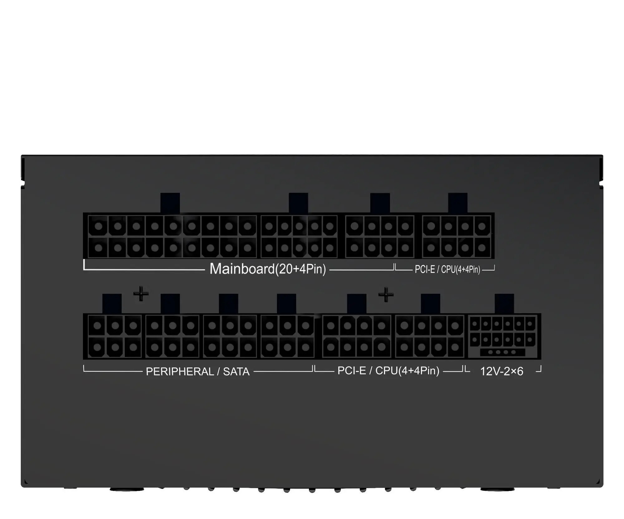 Diagramm eines schwarzen Computer-Netzteils mit verschiedenen beschrifteten Anschlussports für Mainboard, CPU und Peripherie.