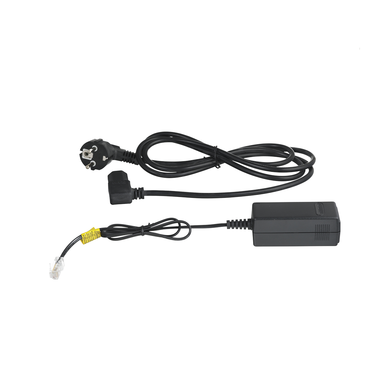 Un set adattatore di alimentazione nero con spina europea, alimentatore e cavo telefonico con connettore RJ11, su sfondo bianco.