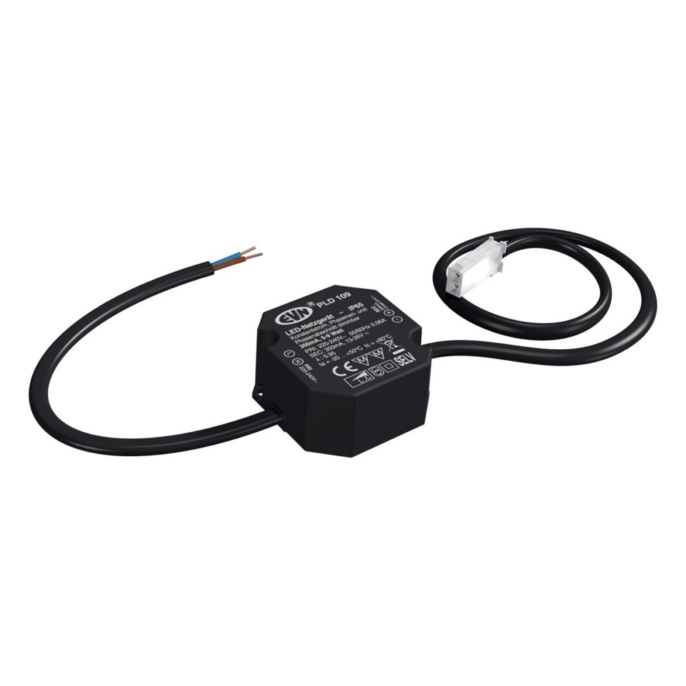 Un alimentatore LED nero con fili e un connettore. Ha etichette di testo e si trova su sfondo bianco. L'alimentatore è collegato a un cavo nero.