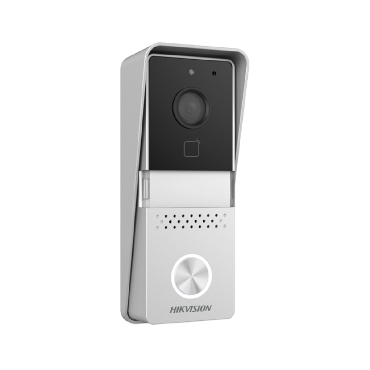 Un videoportero Hikvision plateado y negro. Tiene cámara, altavoz y botón. El fondo es blanco.
