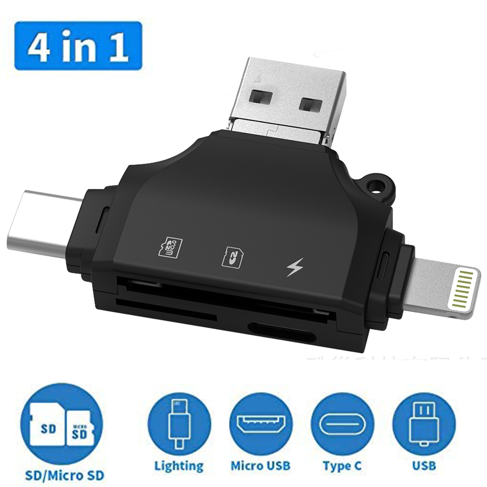 Ein schwarzer 4-in-1-Kartenleser mit USB-, Typ-C-, Micro-USB- und Lightning-Anschlüssen. SD- und Micro-SD-Kartensteckplätze sind sichtbar.