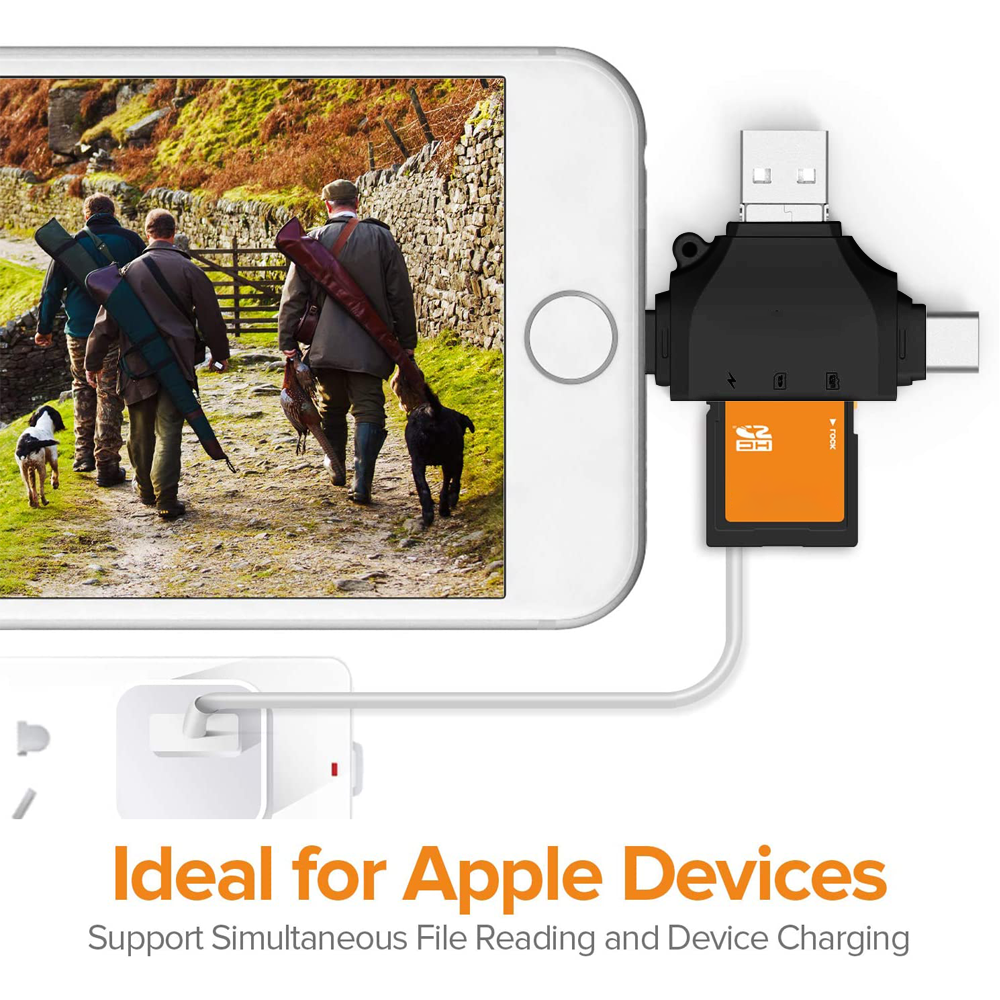 Das Bild zeigt ein Telefon, das Jäger mit Hunden anzeigt, verbunden mit einem schwarzen Kartenleser und Ladegerät. Text unten: Ideal für Apple-Geräte.