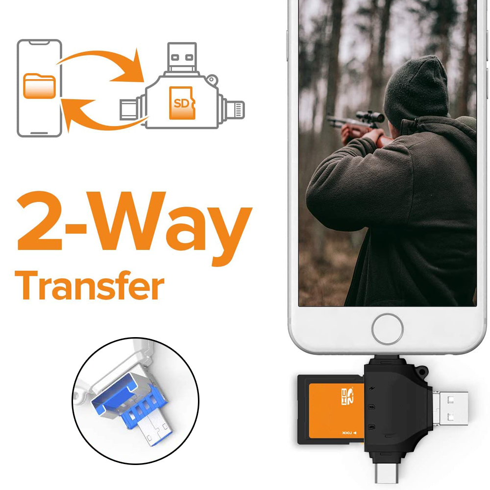 Das Bild zeigt ein Telefon mit einer Person, die ein Gewehr anvisiert. Eine 2-Wege-Transfergrafik und ein Kartenleser sind ebenfalls vorhanden.