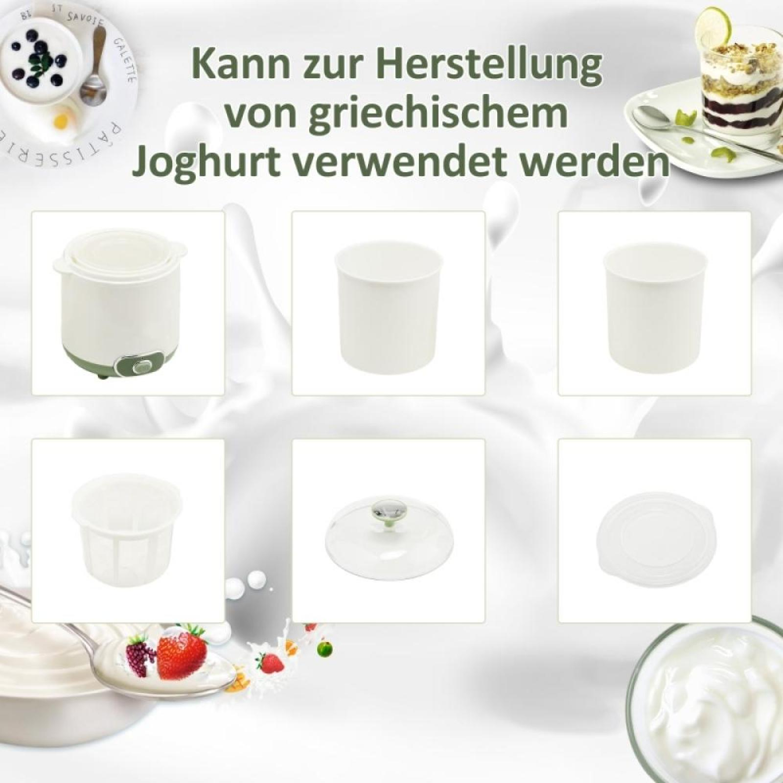 Das Bild zeigt Joghurtherstellungsgeräte, darunter einen Joghurtbereiter, Becher und Deckel. Text sagt, es kann für griechischen Joghurt verwendet werden.