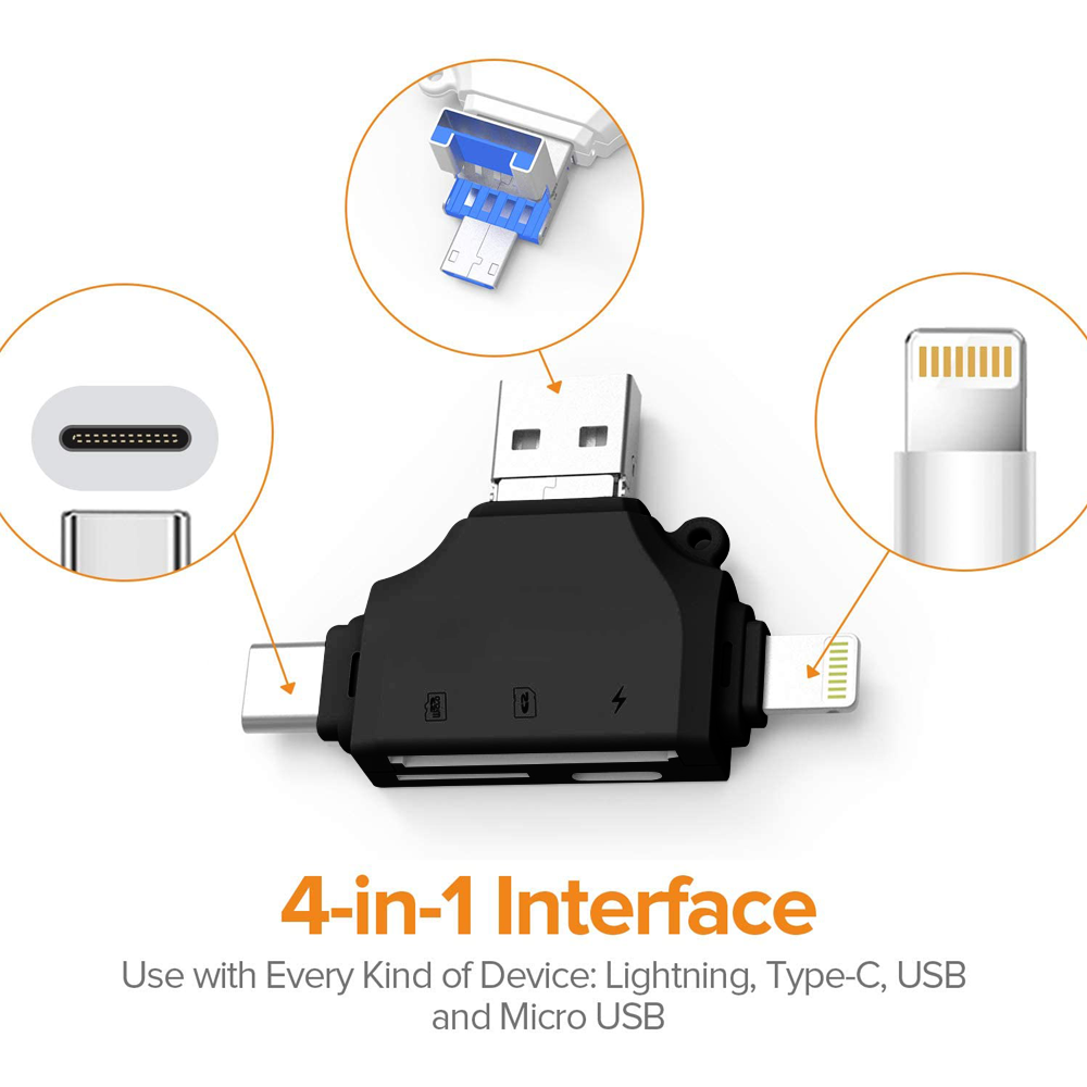 Ein schwarzes 4-in-1-Interface mit USB-, Typ-C-, Lightning- und Micro-USB-Anschlüssen. Nahaufnahmen der Anschlüsse.
