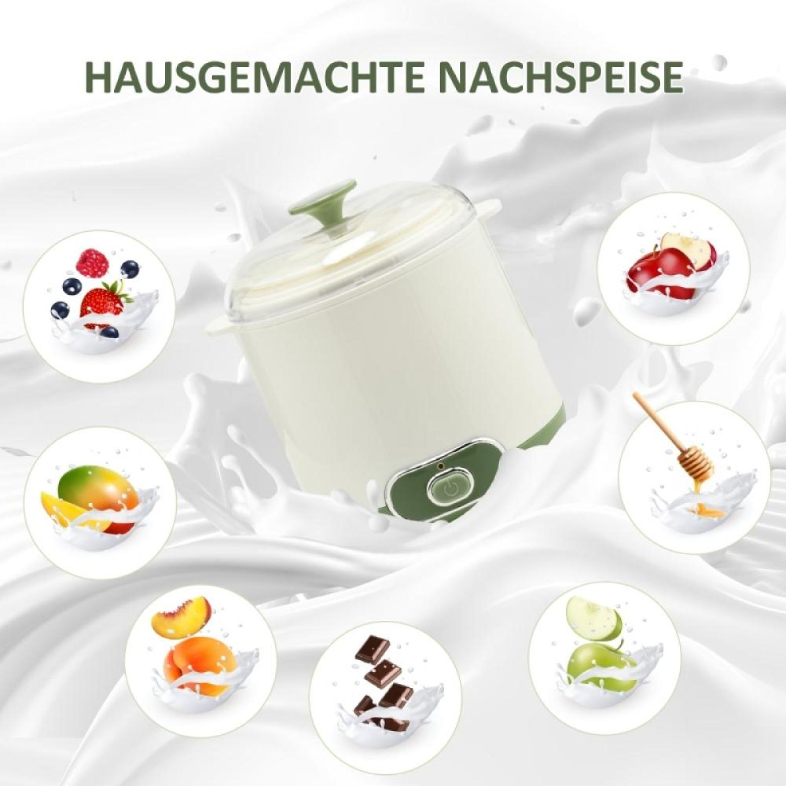 Ein cremefarbener Joghurtbereiter mit Fruchtillustrationen. Text sagt 'Hausgemachte Nachspeisen'. Milchspritzer Hintergrund.