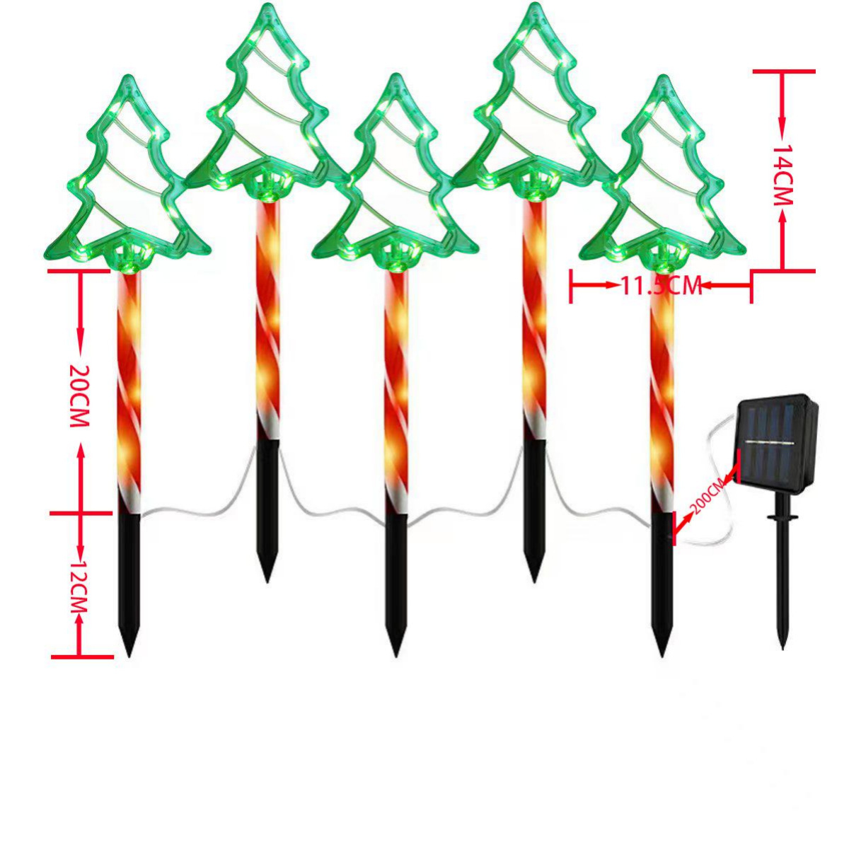 Fünf Weihnachtsbaumlichter mit rot-weiß gestreiften Stangen und einem Solarpanel.