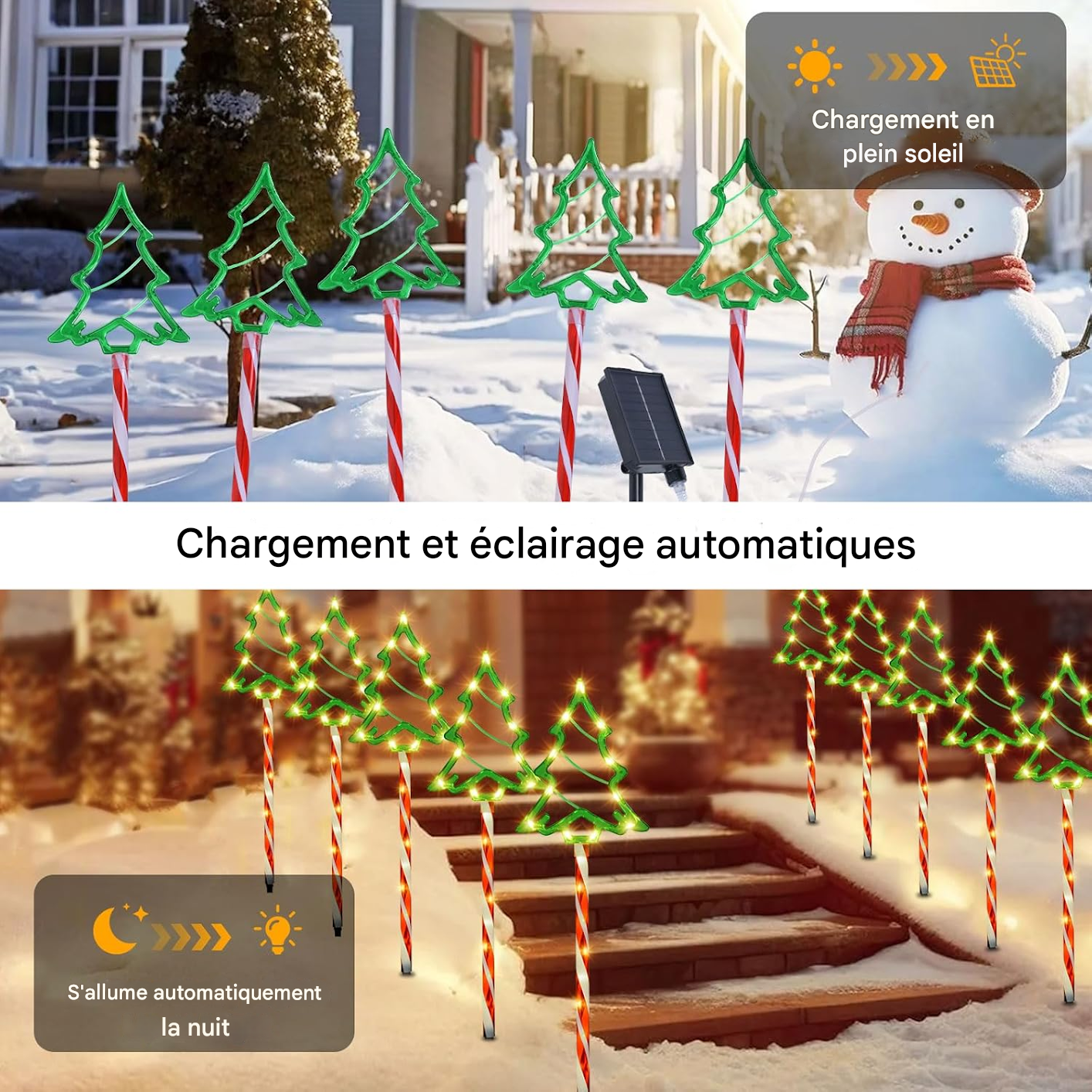 Weihnachtsdekorationen: Grüne Baumlichter auf Zuckerstangenstangen, ein Schneemann und ein Solarpanel in einem verschneiten Garten.