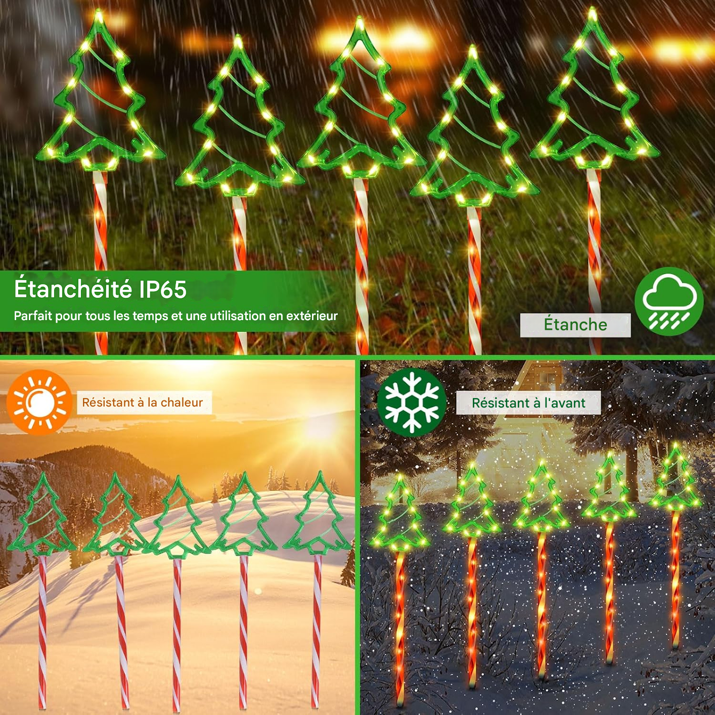 Weihnachtsbaumlichter in Grün und Weiß. Die Lichter befinden sich auf Stangen mit Zuckerstangen-Streifen. Der Hintergrund zeigt verschiedene Wetterbedingungen.