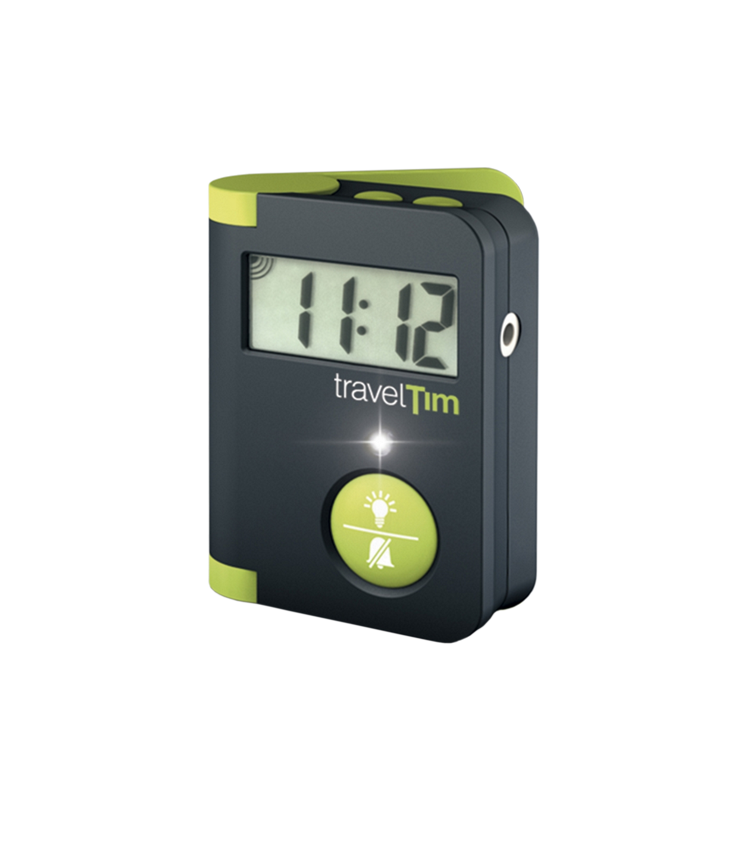 Ein travelTim-Wecker mit der Anzeige 11:12. Er hat eine grüne Taste mit einer durchgestrichenen Glühbirne und einer Glocke.