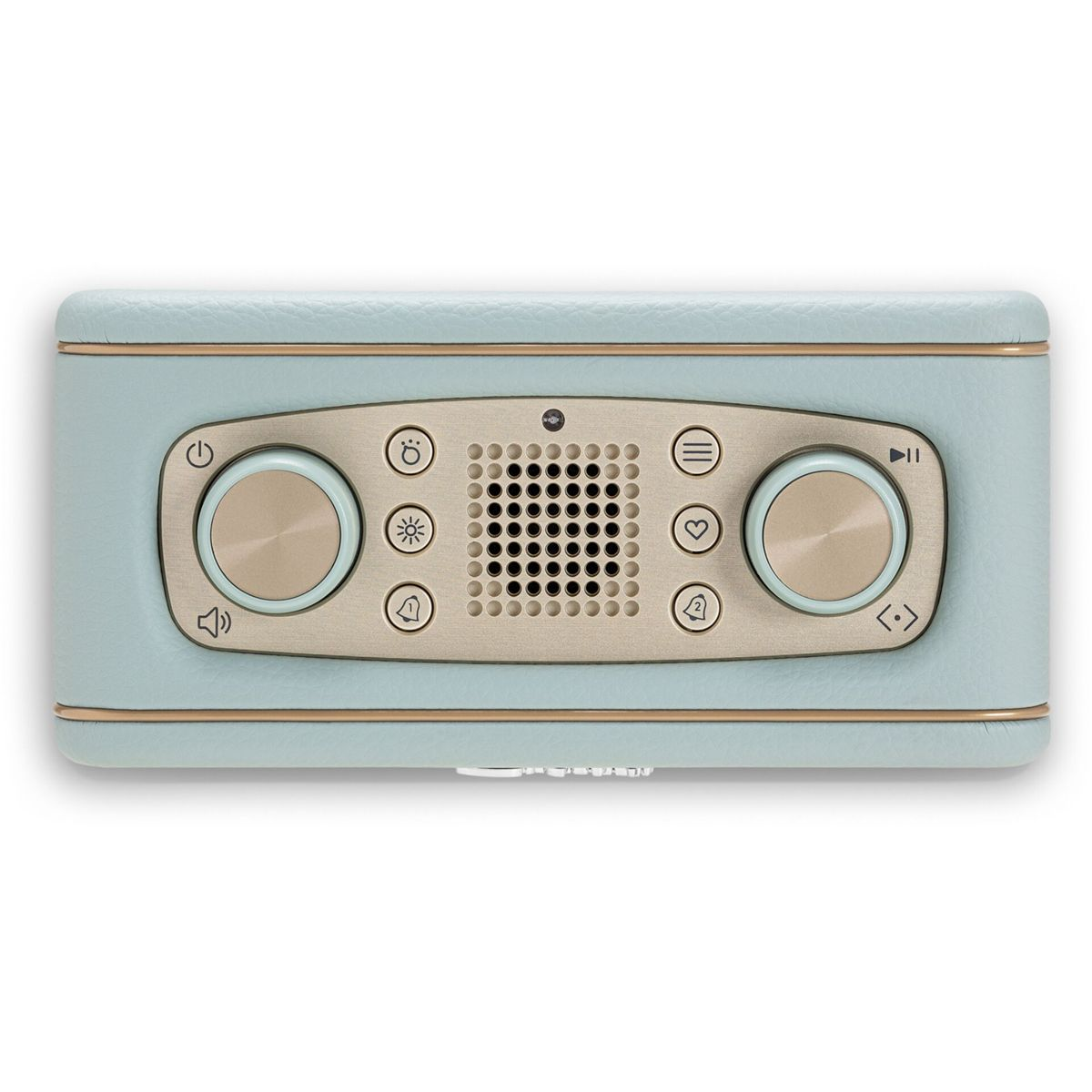 Un haut-parleur rétro bleu clair avec des accents dorés. Il comporte des boutons et des cadrans, y compris des commandes de volume et de lecture/pause.