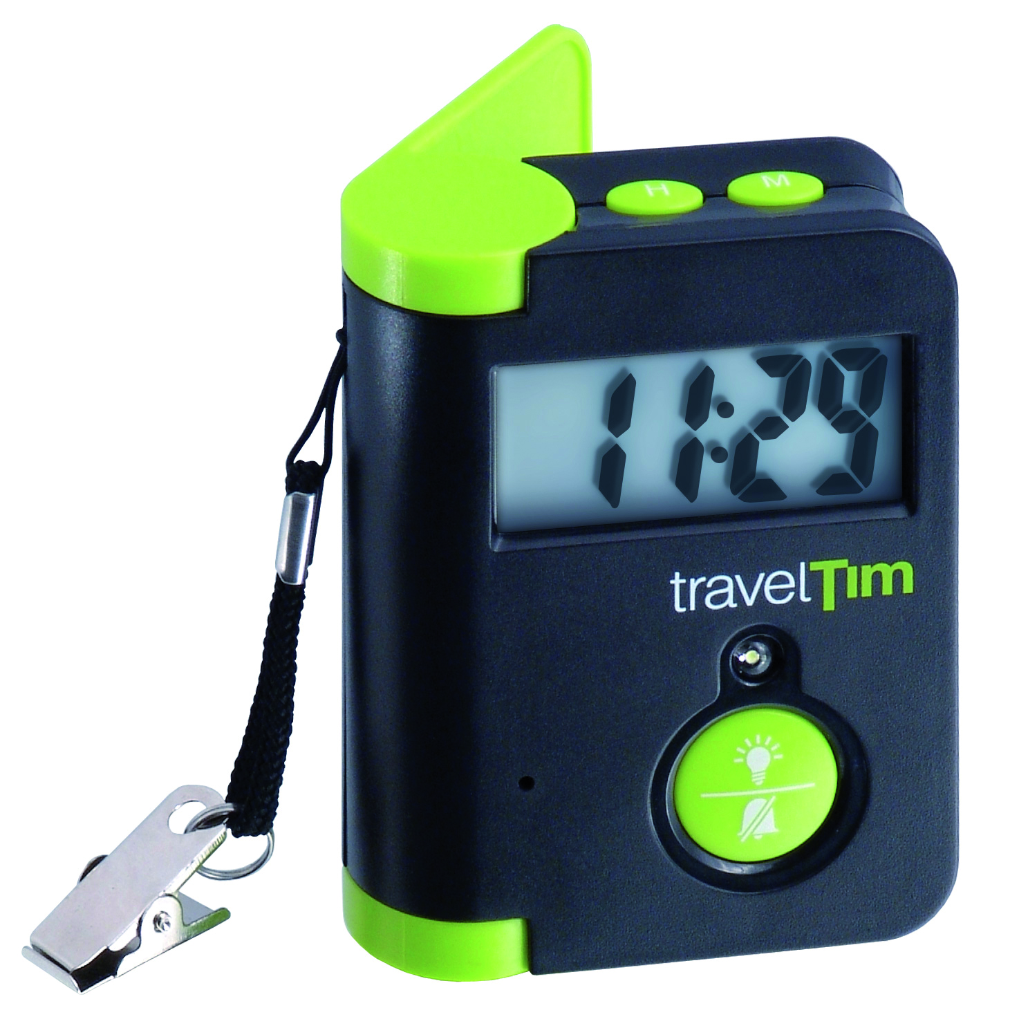Ein schwarzer und grüner TravelTim-Timer zeigt 11:29 Uhr an. Er hat Knöpfe und einen Clip mit einem Schlüsselband. Auf dem Knopf befindet sich ein Glühbirnen-Symbol.