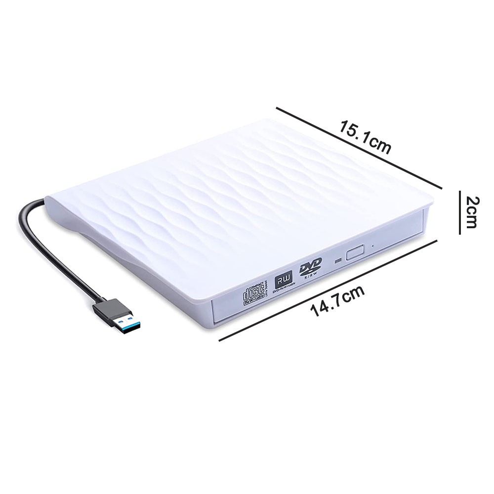 Weißes externes DVD-Laufwerk mit USB-Kabel. Abmessungen: 15,1 cm x 14,7 cm x 2 cm. Logos für DVD-RW und Compact Disc sind sichtbar.
