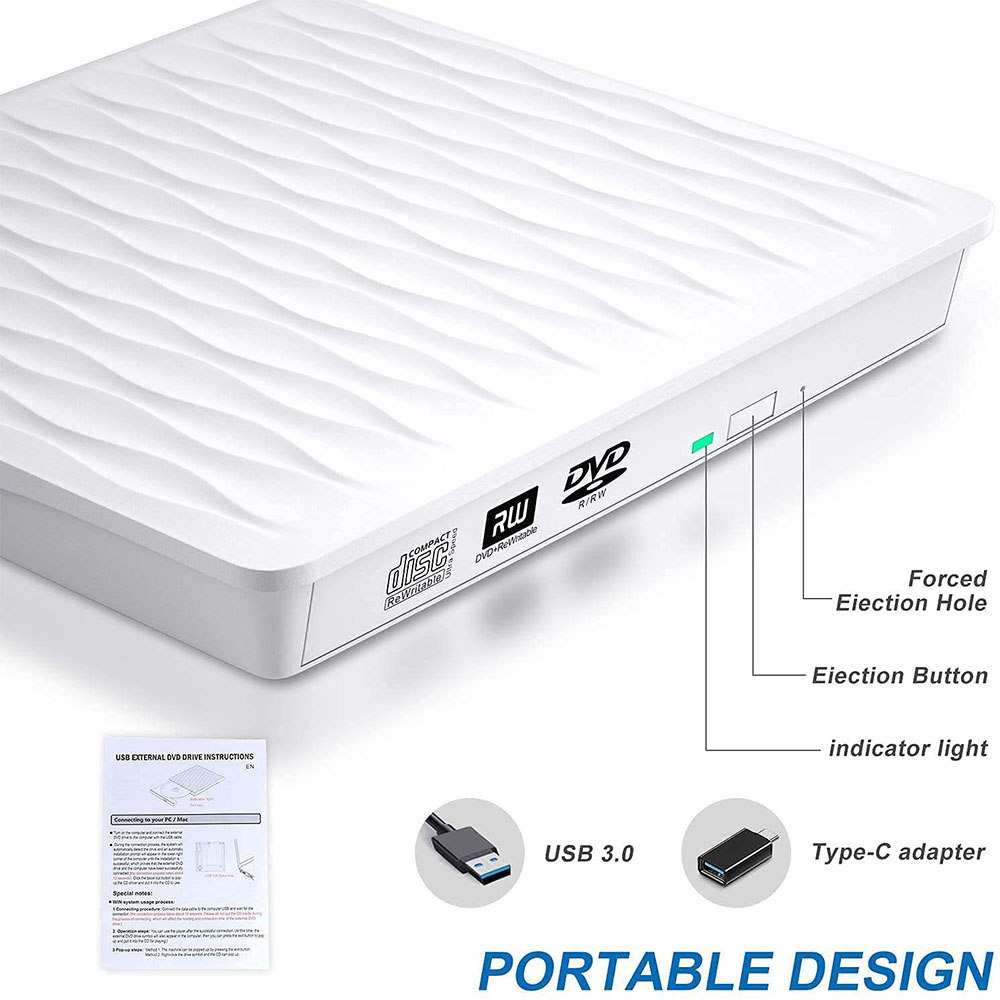 Ein weißes, tragbares DVD-Laufwerk. Es hat einen USB 3.0- und einen Typ-C-Adapter. Zu den Merkmalen gehören eine Auswurftaste und eine Kontrollleuchte. Das Design ist tragbar.