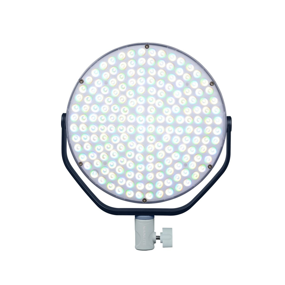 Runde LED-Leuchtfläche, die helles weißes Licht aussendet. Sie hat einen schwarzen Rahmen und eine weiße Halterung.