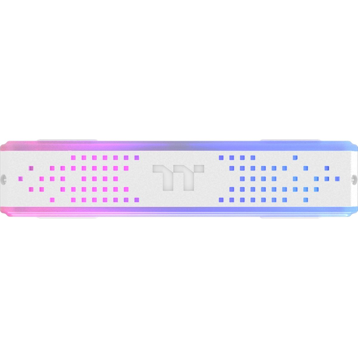 Un dispositivo rettangolare con corpo bianco, bordi rosa e blu e un logo. Ha fori quadrati e un effetto luce sfumato.