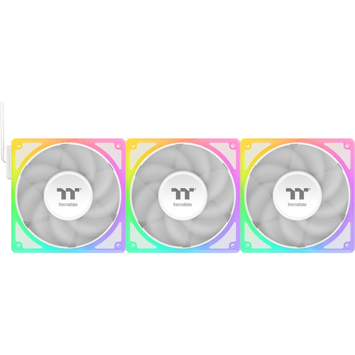 Tre ventole per computer con luci a LED colorate. Ogni ventola ha un centro bianco e un logo Thermaltake.