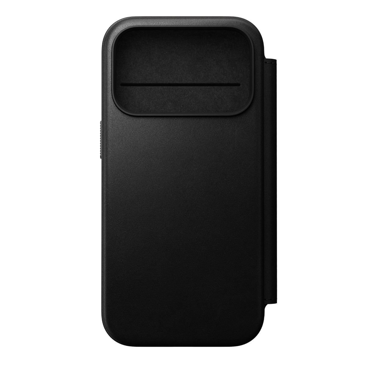 Primo piano di una custodia nera per telefono con ritaglio per la fotocamera. La custodia è rettangolare, con angoli arrotondati e finitura opaca.