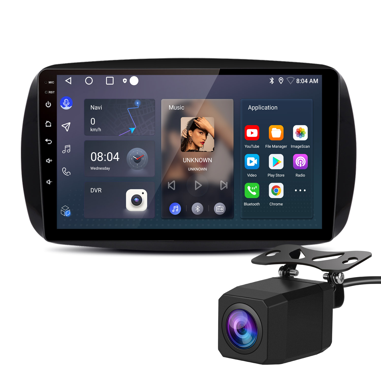 Auto-Multimedia-System mit Bildschirm, der Navigation, Musik und Apps anzeigt. Eine Rückfahrkamera ist unten angebracht.