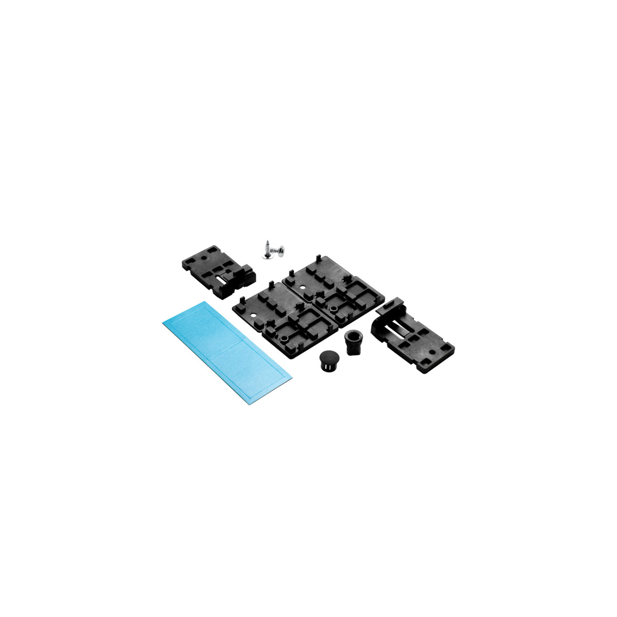 Verschiedene schwarze Kunststoffkomponenten, darunter rechteckige Teile, zylindrische Teile, Schrauben und ein blaues Rechteck auf weißem Hintergrund.