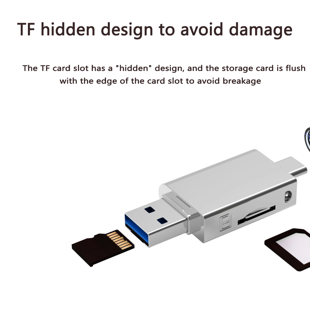 Ein silberner USB-Adapter mit TF-Kartensteckplatz und eine schwarze TF-Karte. Der Text lautet TF-verstecktes Design zur Vermeidung von Schäden.