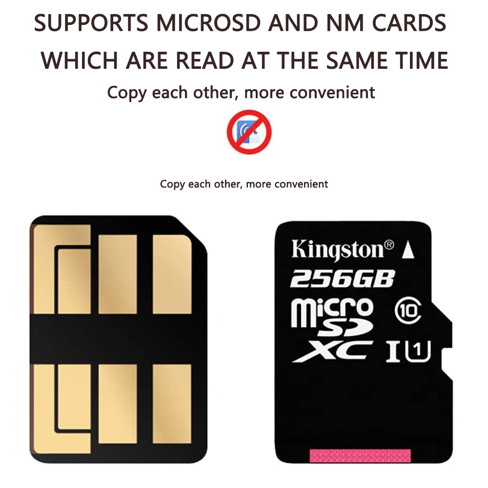 Das Bild zeigt eine SIM-Karte und eine Kingston Micro SD-Karte. Text: Unterstützt MicroSD- und NM-Karten, die gleichzeitig gelesen werden.