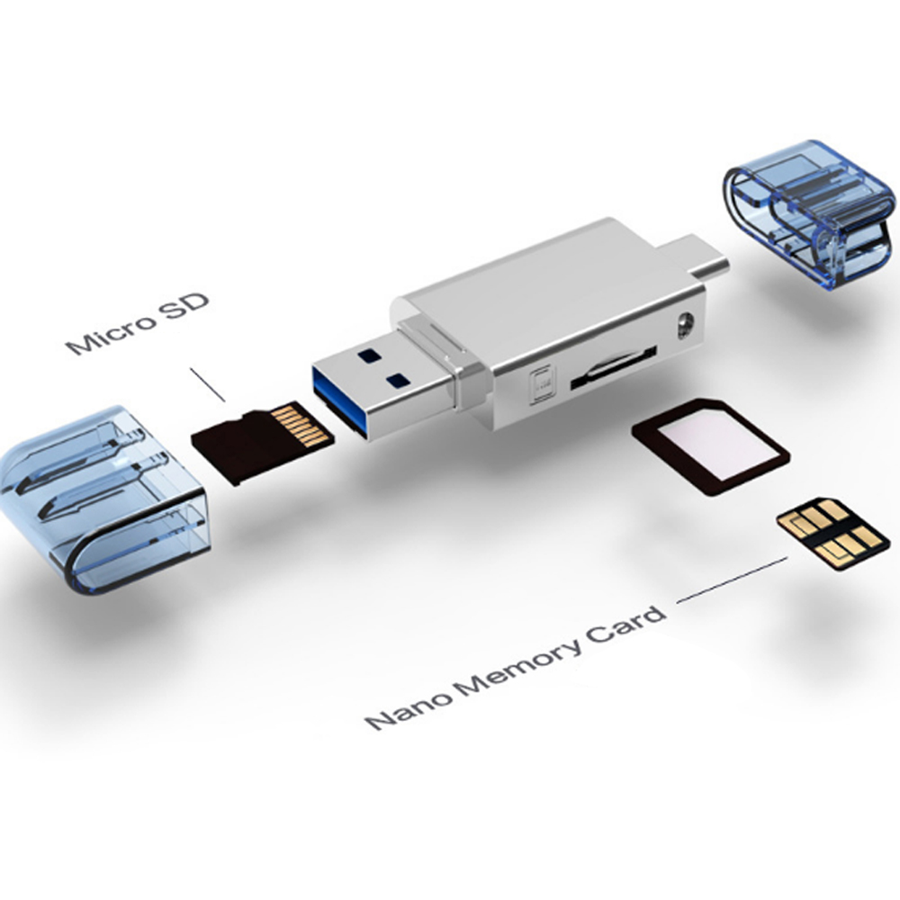 Ein silberner USB-Adapter mit blauem USB-Anschluss. Micro-SD-Karte, Nano-Memory-Karte und zwei transparente Kunststoffabdeckungen.