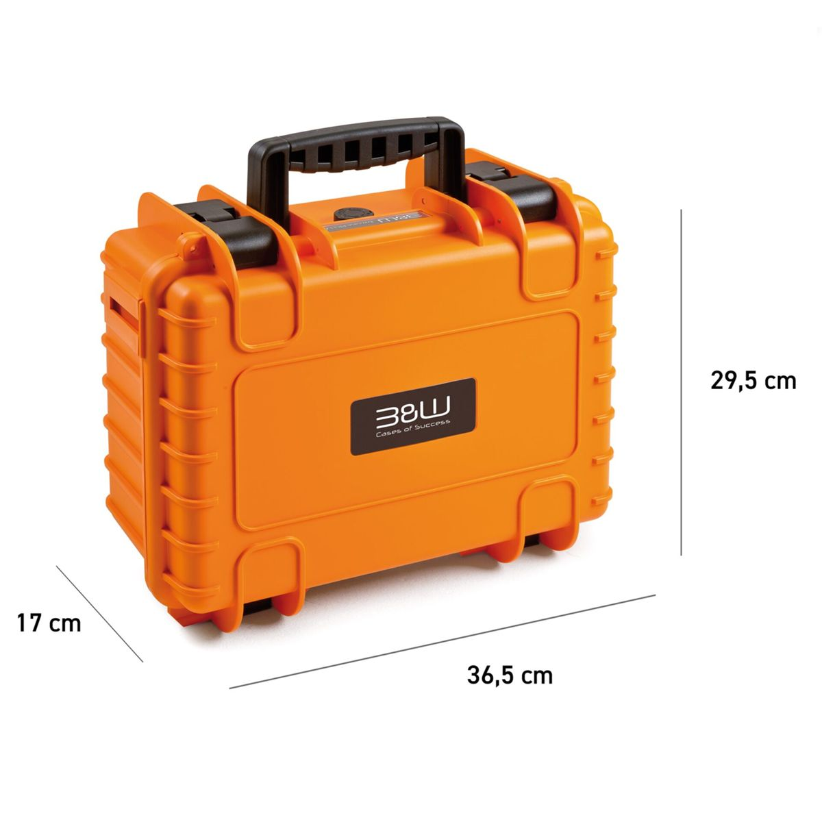 Una valigia arancione rettangolare con manico nero. Dimensioni: 36,5x29,5x17 cm. Etichetta: '38W Cases of Success'.